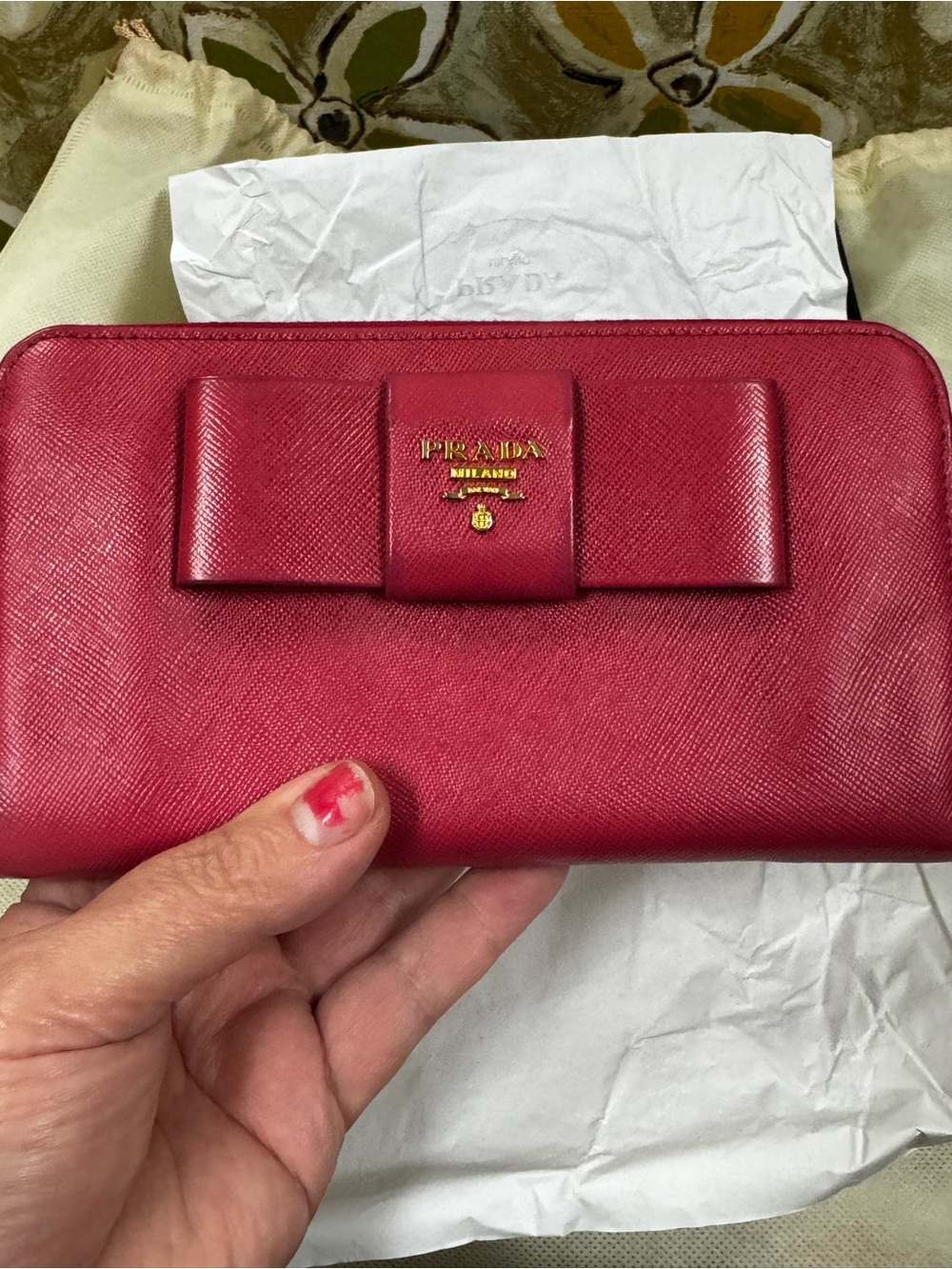 Prada Saffiano Bow Zip-Around Wallet in Fuchsia Red